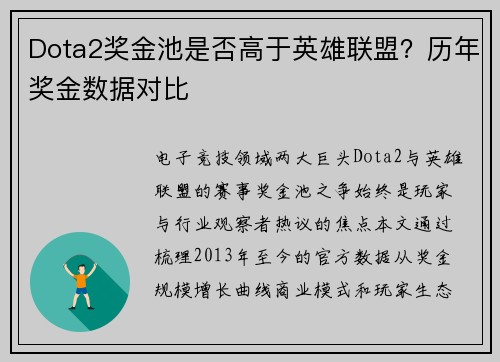 Dota2奖金池是否高于英雄联盟？历年奖金数据对比