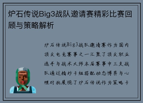 炉石传说Big3战队邀请赛精彩比赛回顾与策略解析