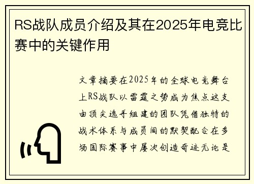 RS战队成员介绍及其在2025年电竞比赛中的关键作用