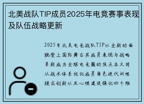 北美战队TIP成员2025年电竞赛事表现及队伍战略更新